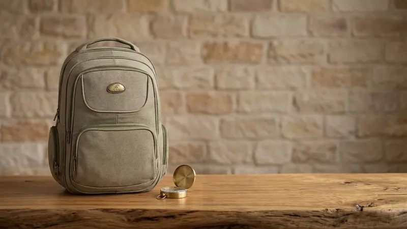 Mochila caqui de tecido sobre uma bancada de madeira rústica, ao lado de uma bússola dourada aberta.