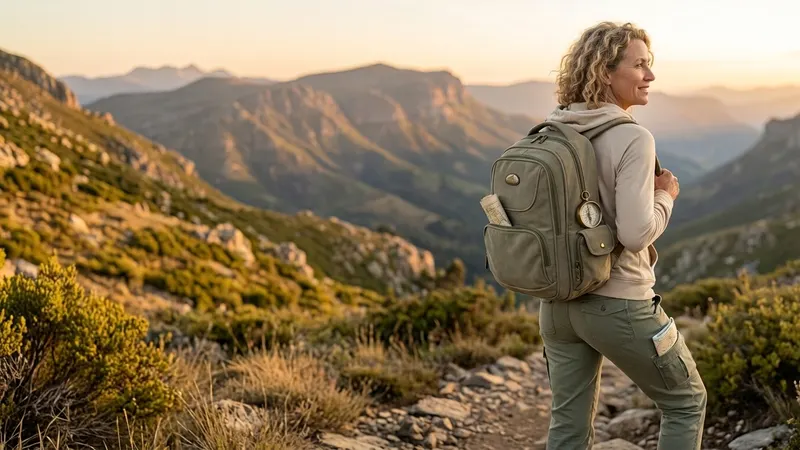 Mulher caminhando por uma trilha de montanha ao pôr do sol, carregando uma mochila verde oliva.